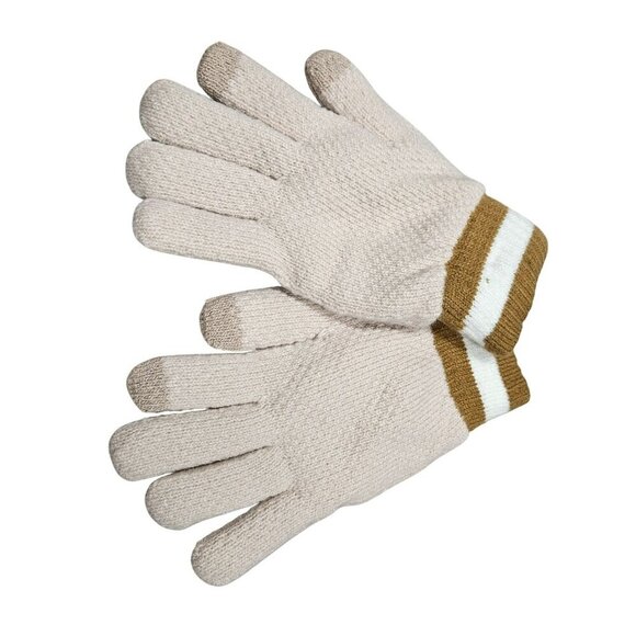 Adults Beige Brown Striped Knit Gloves Fuzzy Lined Touchscreen Tips Warm Cozy - Picture 2 of 6